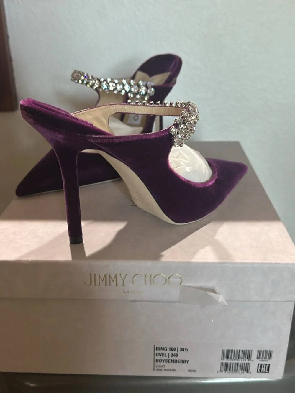 Jimmy Choo Purple Velvet Crystal-Strap Stiletto Mules